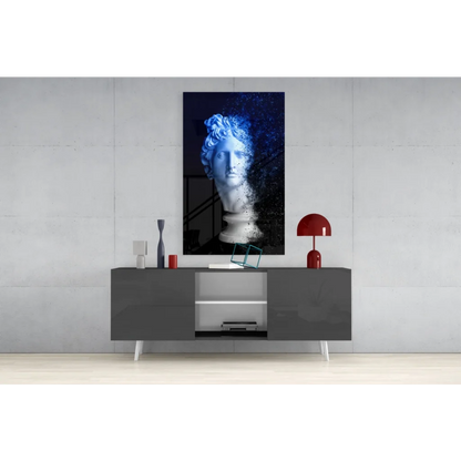 Striking blue dissolving marble bust glass wall art with pixelated effects