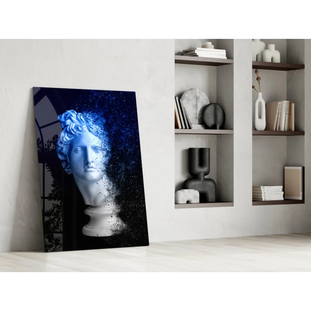 Blue marble bust glass wall art leaning on minimalist wall