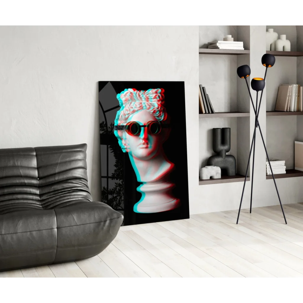 Retro marble bust 3D glass wall art in neon cyan and magenta