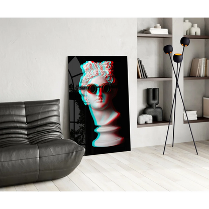 Retro marble bust 3D glass wall art in neon cyan and magenta