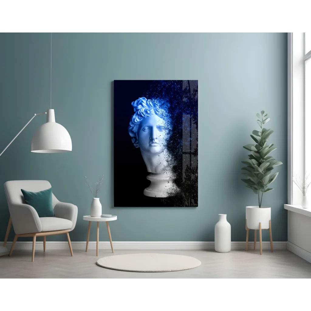 Blue and white marble bust glass wall art on black canvas