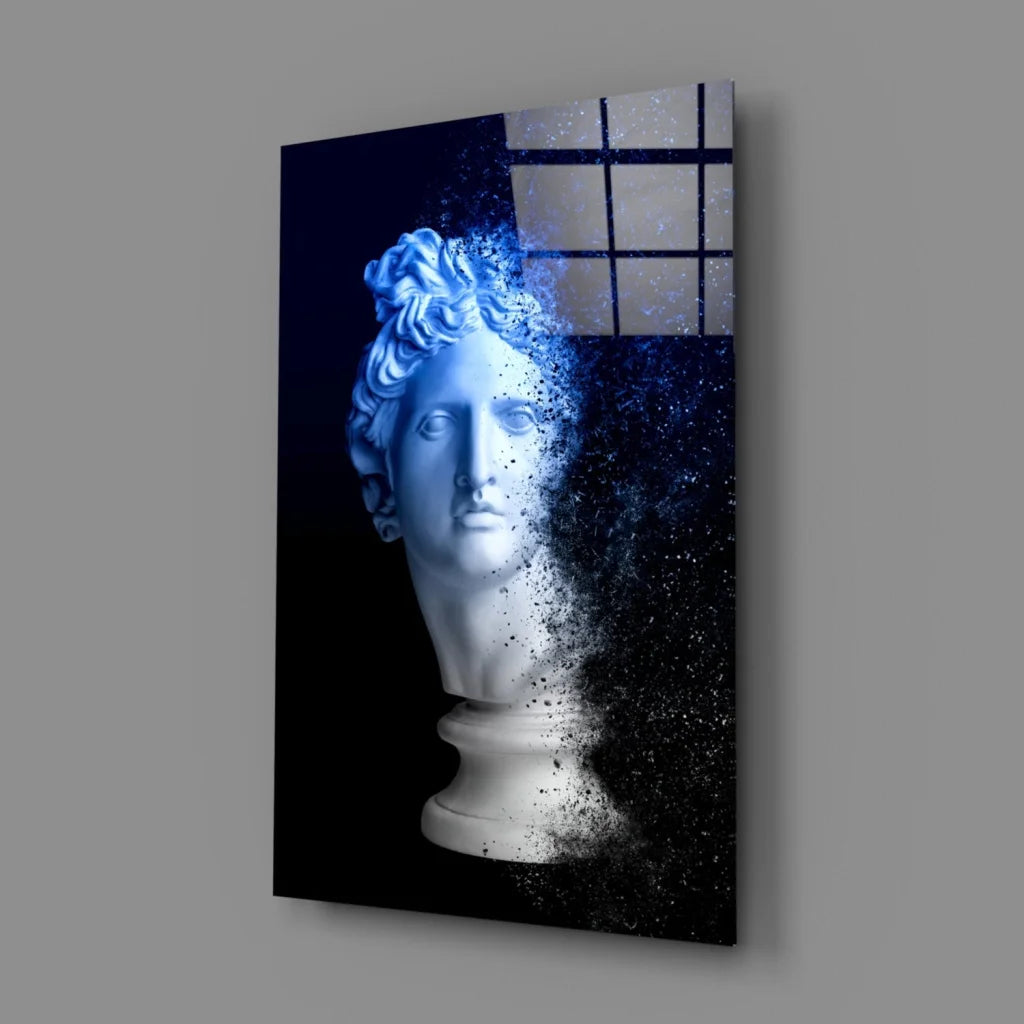 Blue-toned dissolving marble bust glass wall art with particle effects