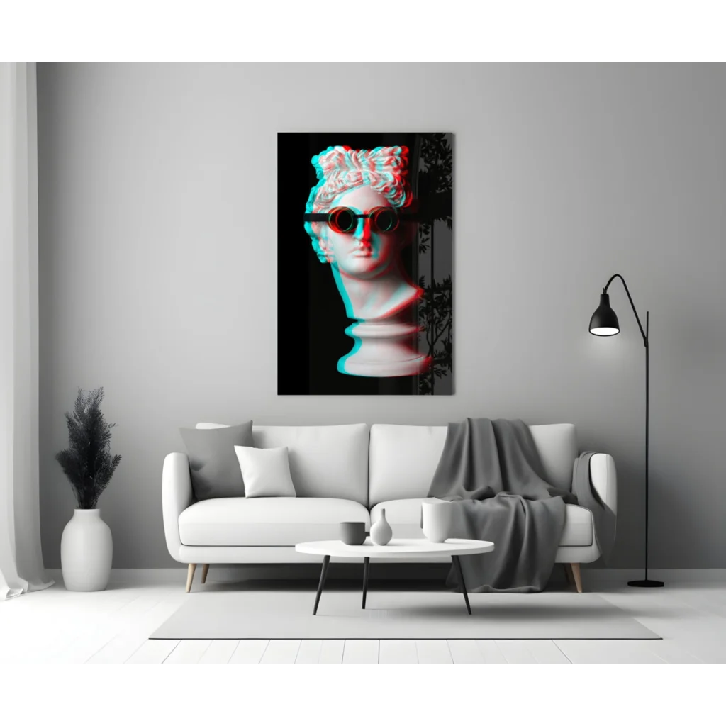 Retro Marble Bust 3D Glass Wall Art in Neon Cyan and Magenta | Modern Wall Art Decor | vintageantiquesgifts.com