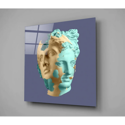 Stunning teal and gold split bust glass wall art panel on purple background