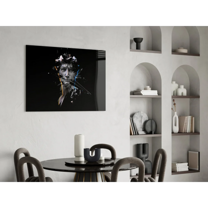Black fragmented portrait glass wall art with blue and white splashes