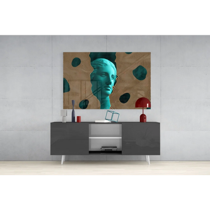 Teal sculpted face glass wall art with abstract brown black circles