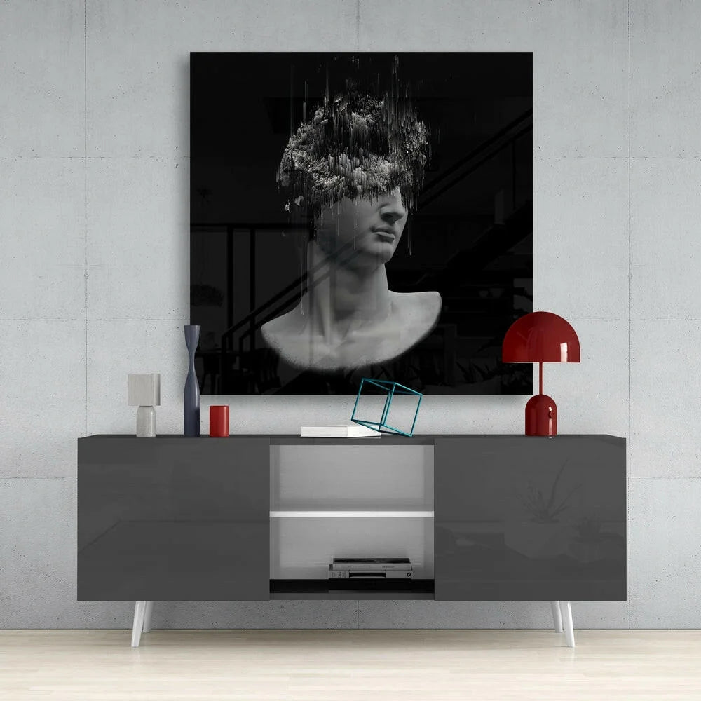 Black and white glitch bust glass wall art with floral abstract portrait