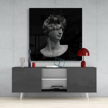 Black and white glitch bust glass wall art with floral abstract portrait