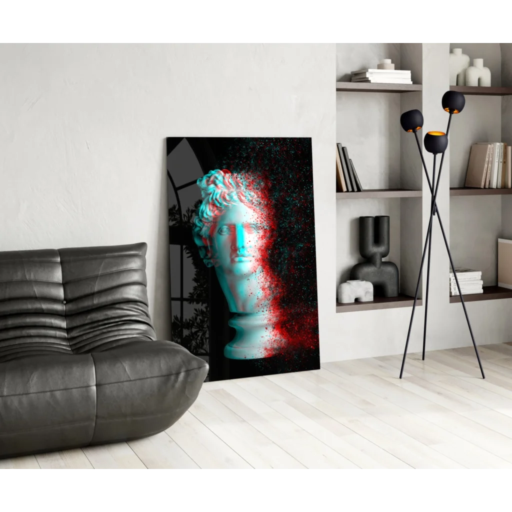 Vibrant cyan red marble bust digital wall art canvas print on black background