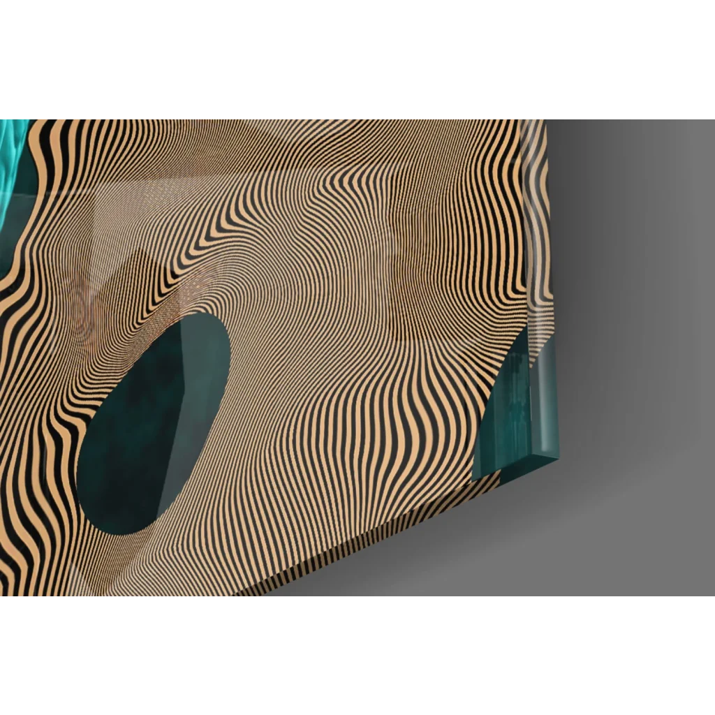 Modern glass wall art with black, beige wavy lines and teal accent