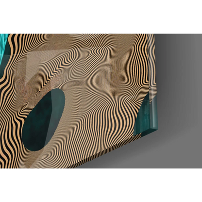 Modern glass wall art with black, beige wavy lines and teal accent