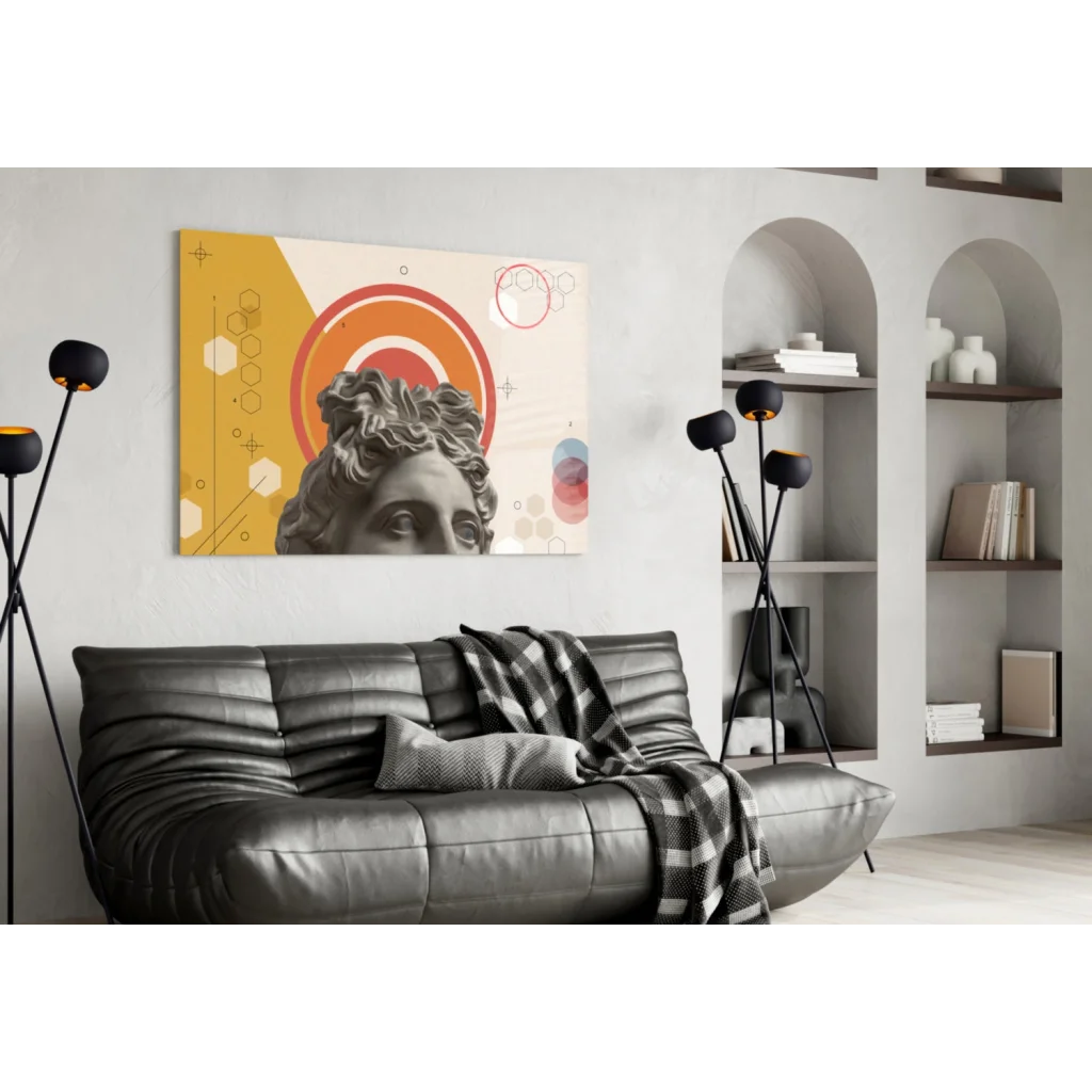 Modern gray bust glass wall art with yellow orange geometric patterns