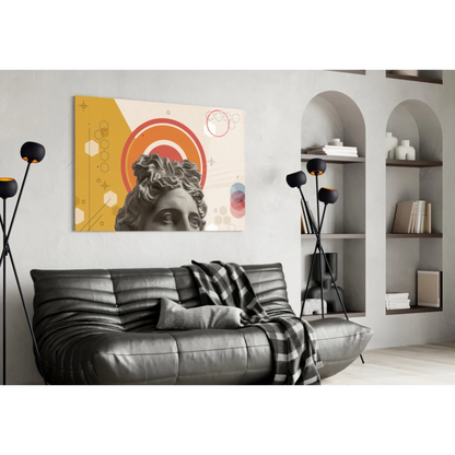 Modern gray bust glass wall art with yellow orange geometric patterns