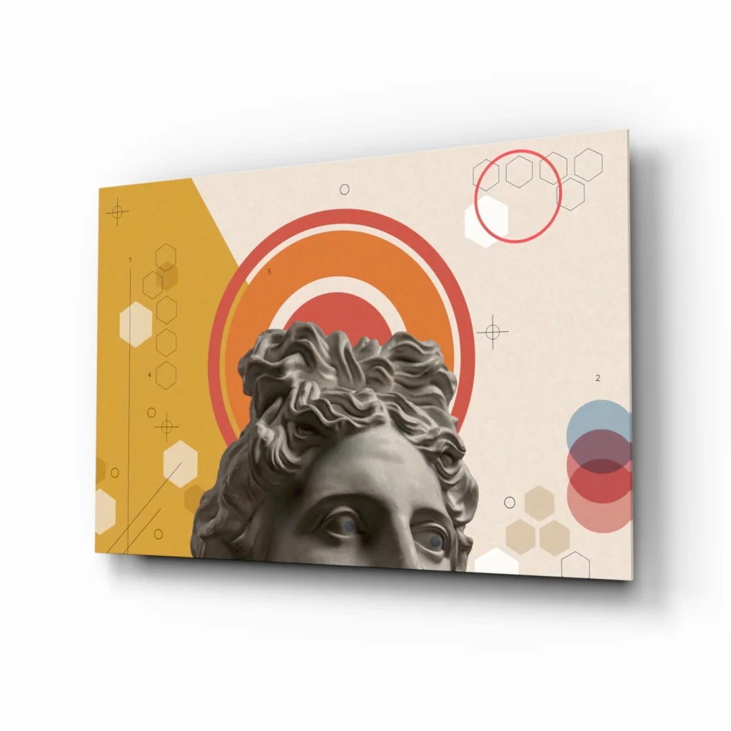 Gray stone classical head sculpture on glass wall art print