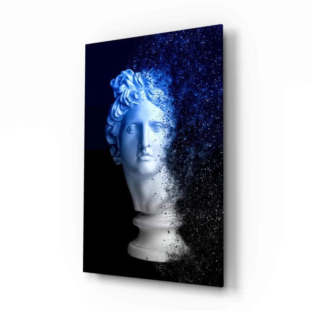 Blue-toned dissolving marble bust glass wall art with particle effects