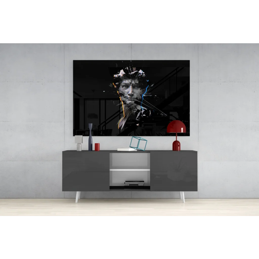 Black and white fragmented portrait wall art canvas with blue and gold accents