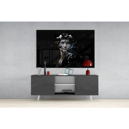 Black and white fragmented portrait wall art canvas with blue and gold accents