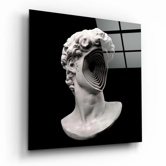 Surreal white marble bust wall art with spiraling face void