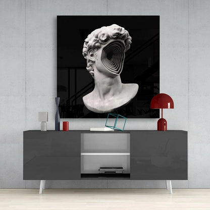 Surreal black-and-white marble bust wall art with spiral void face design