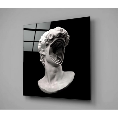 Surreal white marble bust wall art with spiral void face