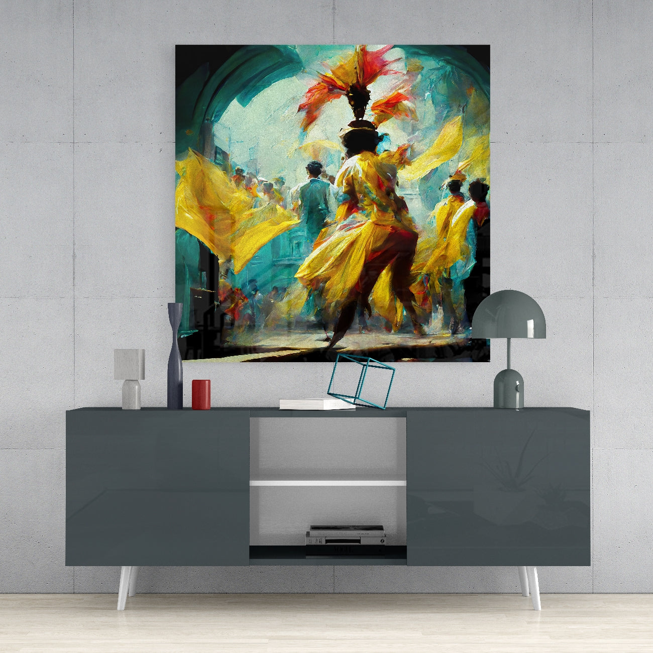 Vibrant glass wall art depicting a carnival festival scene with yellow fabrics and colorful figures displayed above a gray media console.