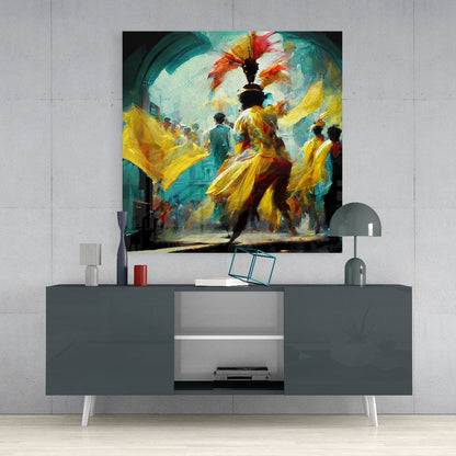Vibrant glass wall art depicting a carnival festival scene with yellow fabrics and colorful figures displayed above a gray media console.