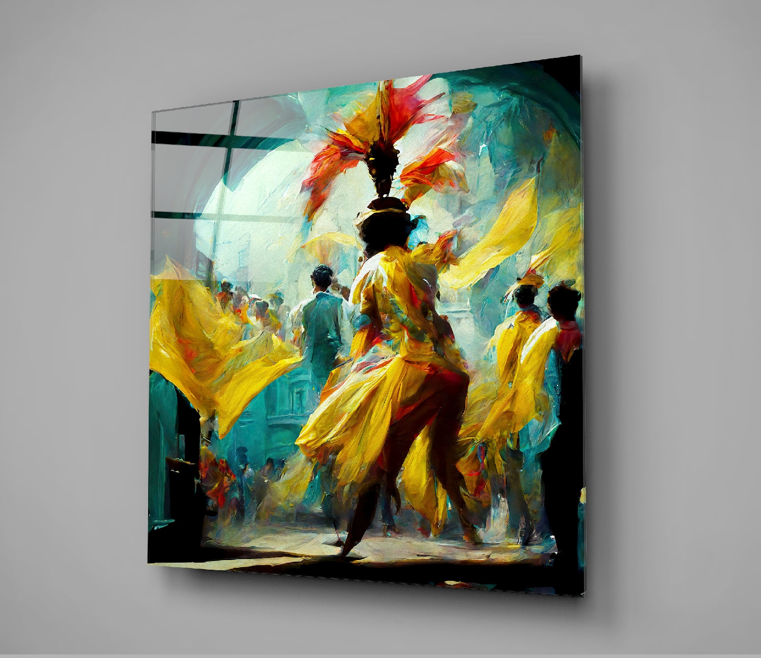 Colorful glass wall art depicting a festive street procession with figures in yellow and red garments against turquoise and warm-toned backgrounds, mounted on gray wall.