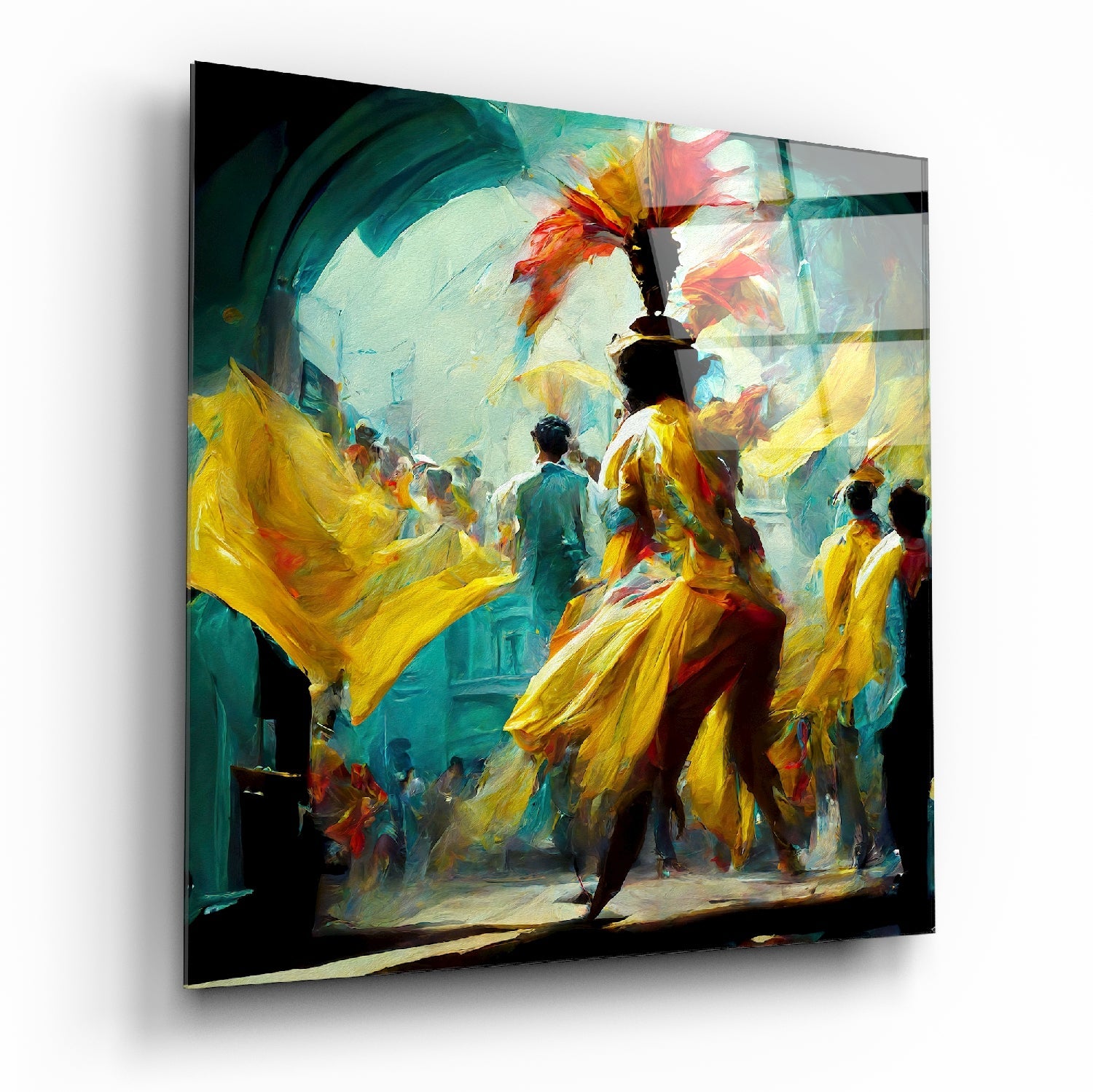 Angled view of glass wall art depicting a vibrant festival scene with yellow-robed figures and teal architectural elements.