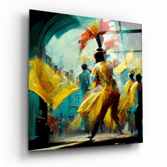 Angled view of glass wall art depicting a vibrant festival scene with yellow-robed figures and teal architectural elements.