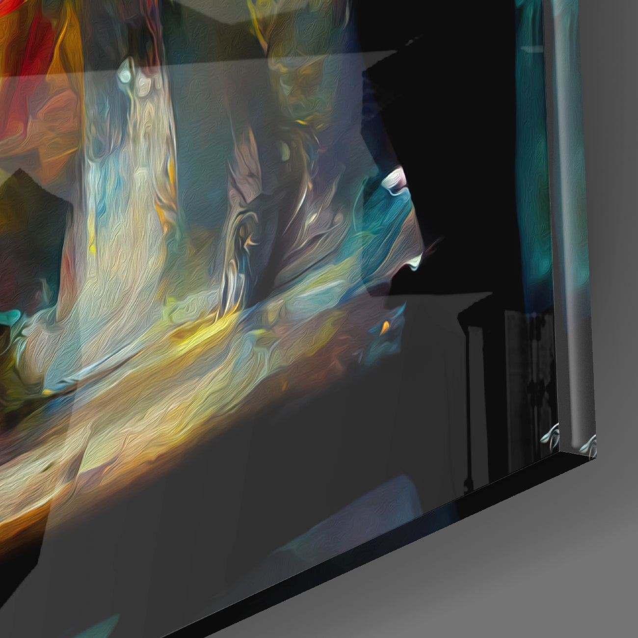 Angled side view of glass wall art displaying swirling yellow, blue, and red brushstroke patterns with dark background.
