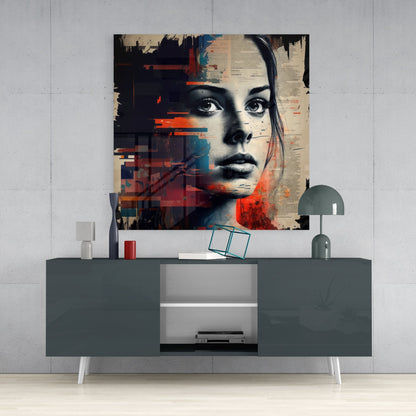 Newsprint Collage Blue Eyed Woman Glass Wall Art