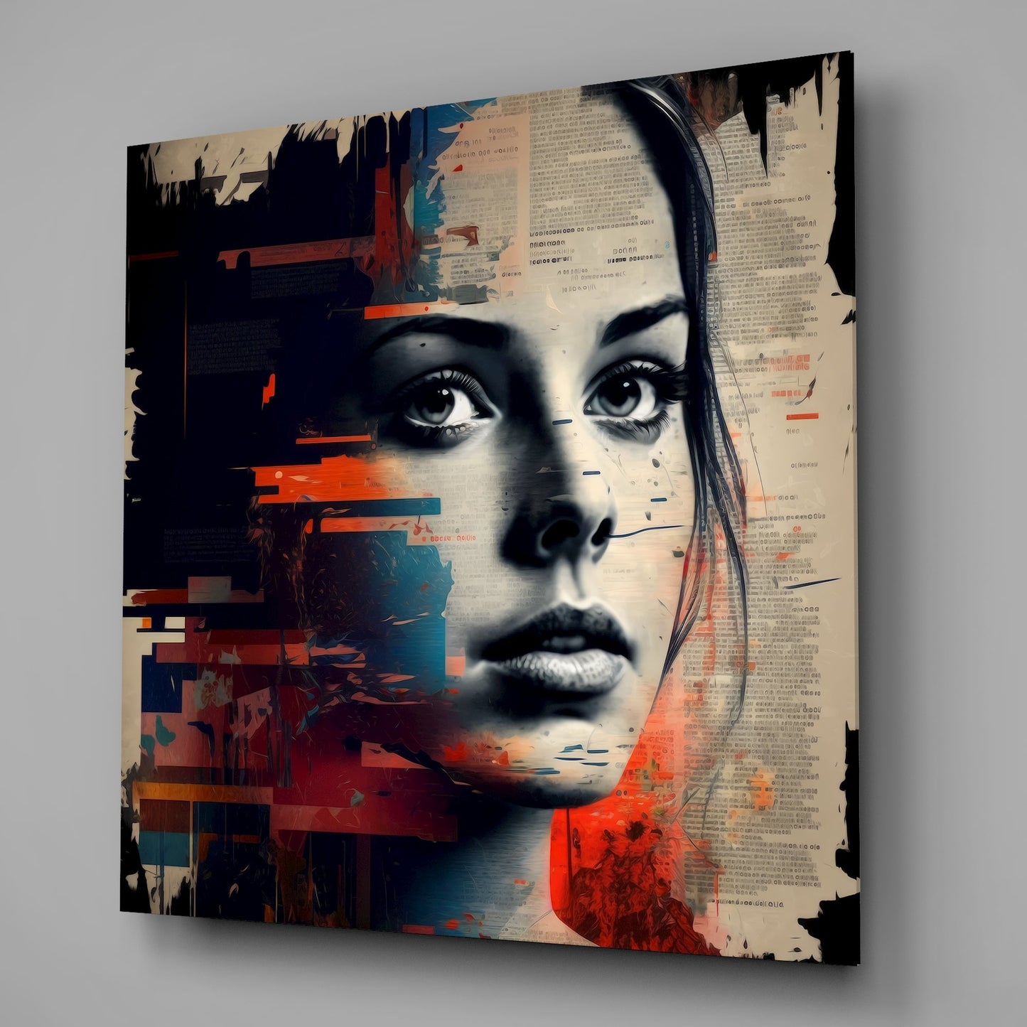 Newsprint Collage Blue Eyed Woman Glass Wall Art