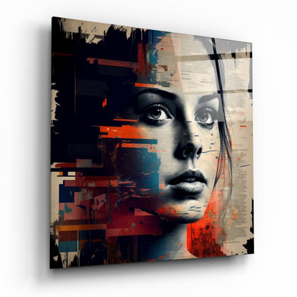 Newsprint Collage Blue Eyed Woman Glass Wall Art
