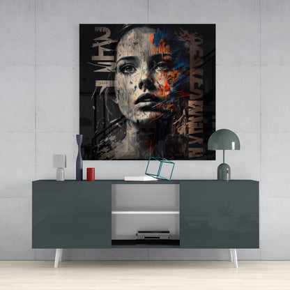 Black Graffiti Letters Woman Face Glass Wall Art