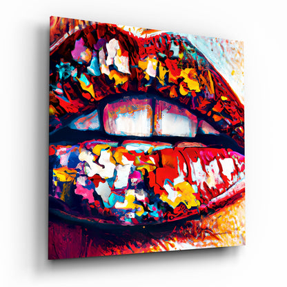 Colorful abstract lips glass wall art with vibrant red, yellow, blue, and pink paint splatters on angled square panel.