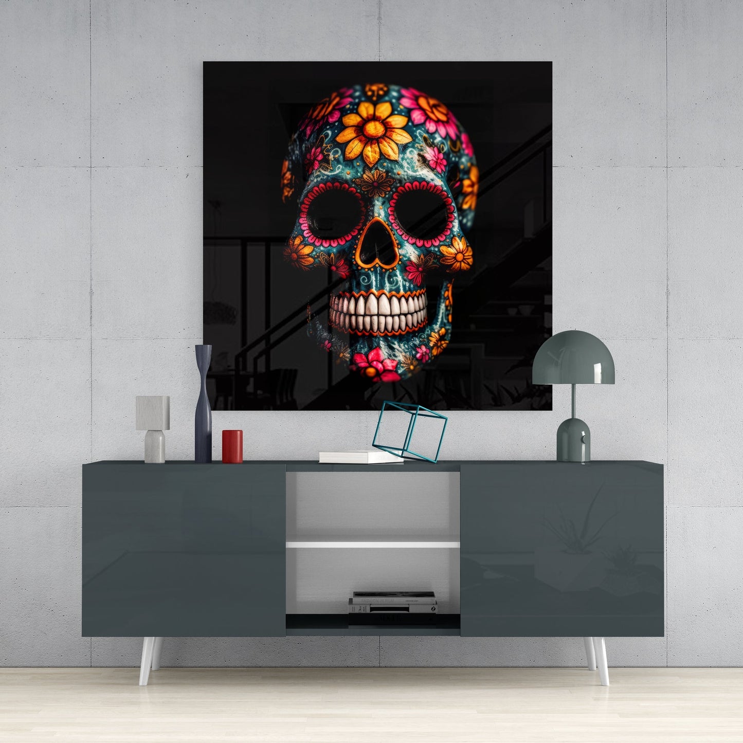 Colorful floral skull glass wall art displayed above gray media console in modern living room interior.