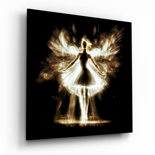 Glowing angelic figure with luminous white and golden wings outstretched against black background on glass panel.