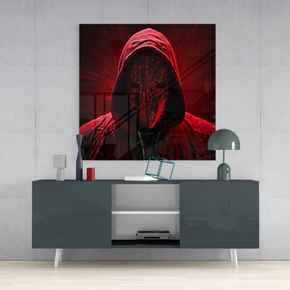 Red neon glass wall art featuring a hooded figure with circuit board face design displayed above gray media console in modern interior setting.