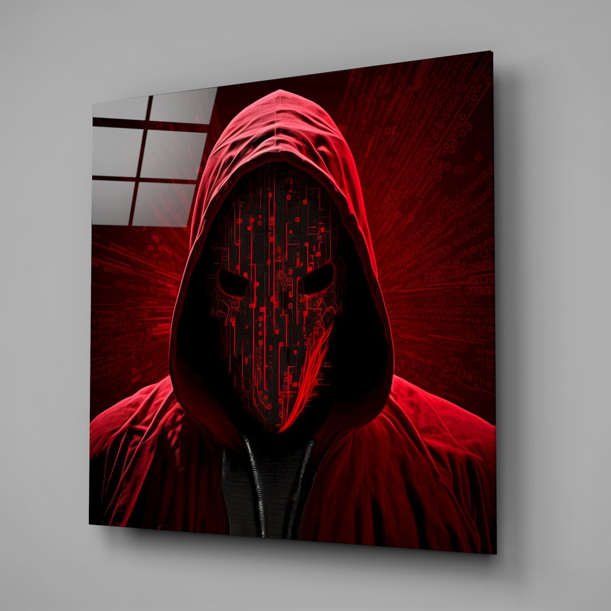 Three-dimensional angled view of glass wall art featuring a hooded figure with glowing red neon outline and circuit board face design against dark red background.