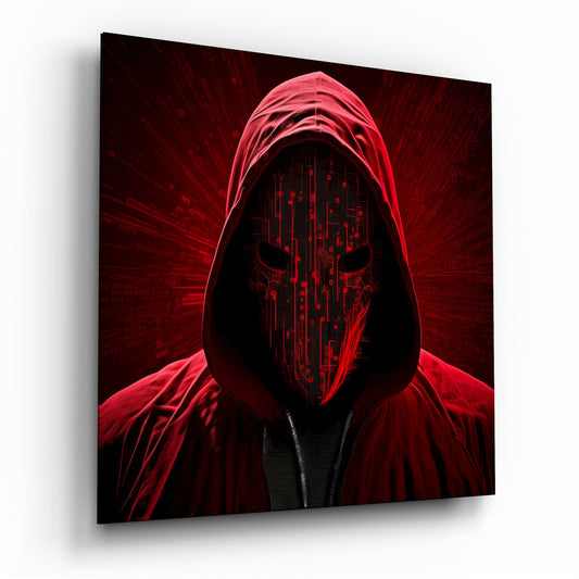 Red hooded figure with glowing circuit board pattern on face against dark red background on glass wall art panel.