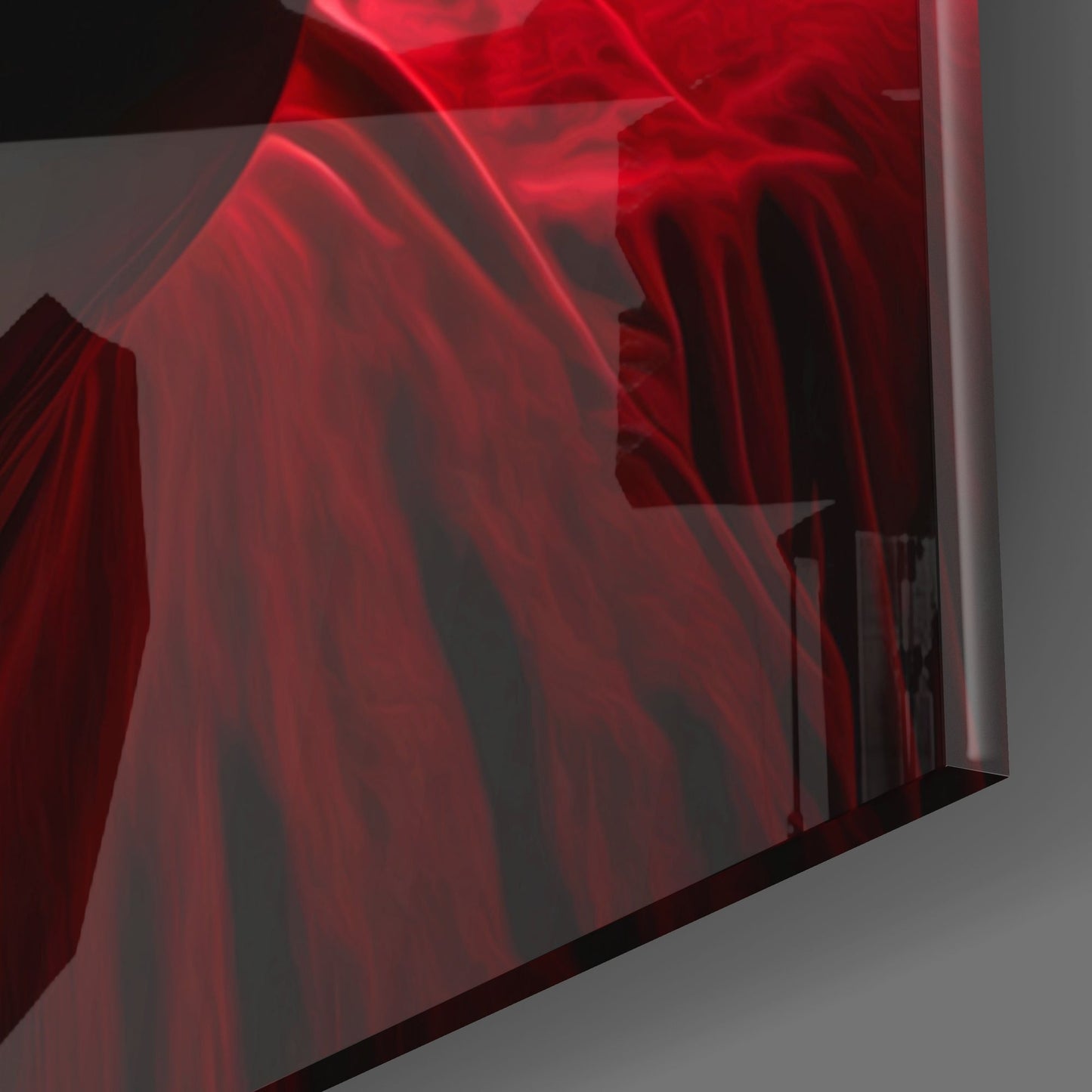 Red translucent glass wall panel with flowing fabric-like design, angled perspective view showing depth and light refraction.