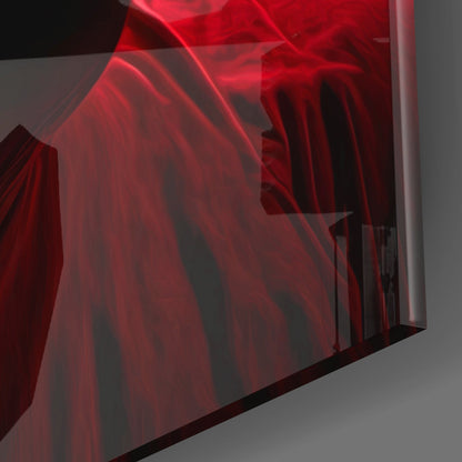 Red translucent glass wall panel with flowing fabric-like design, angled perspective view showing depth and light refraction.