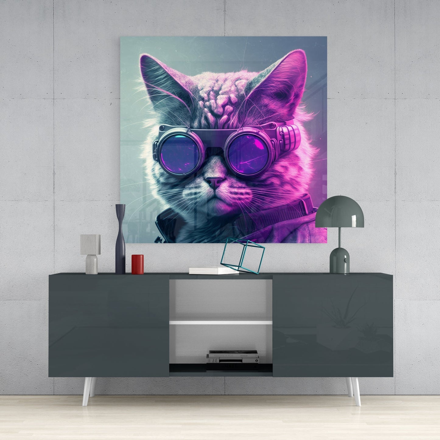 Neon-lit cat artwork with purple and teal gradient displayed above gray media console in modern interior setting.