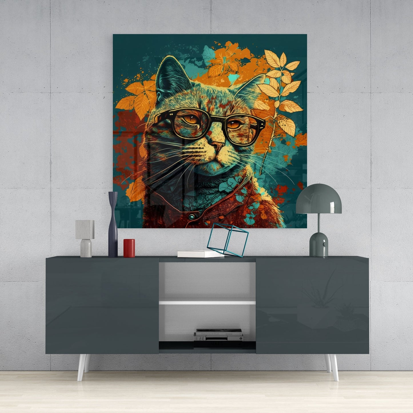 Teal Backdrop Cat in Glasses Glass Wall Art