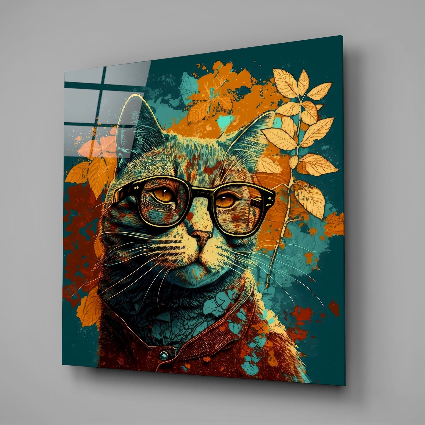 Teal Backdrop Cat in Glasses Glass Wall Art