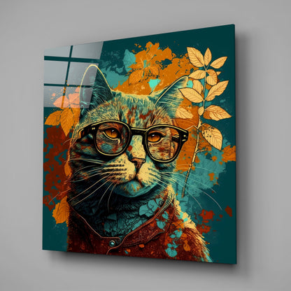 Teal Backdrop Cat in Glasses Glass Wall Art