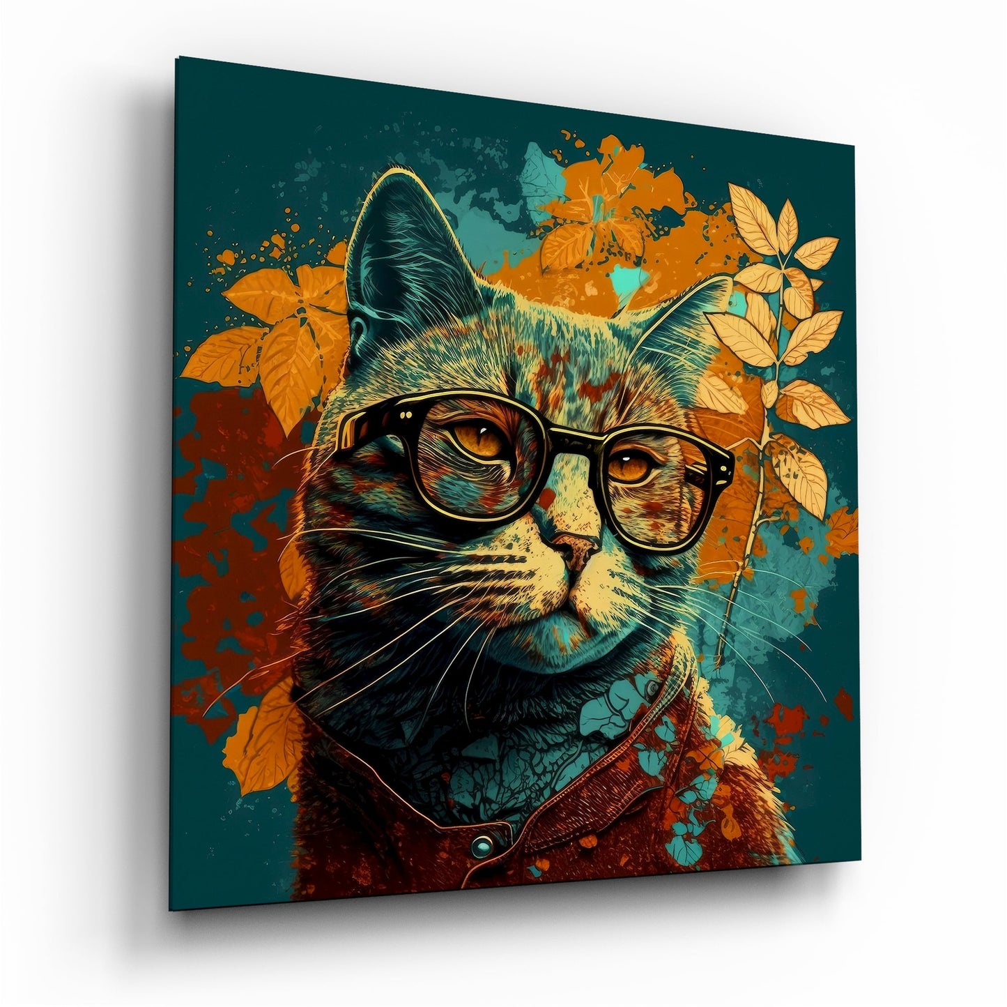 Teal Backdrop Cat in Glasses Glass Wall Art