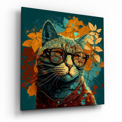 Teal Backdrop Cat in Glasses Glass Wall Art