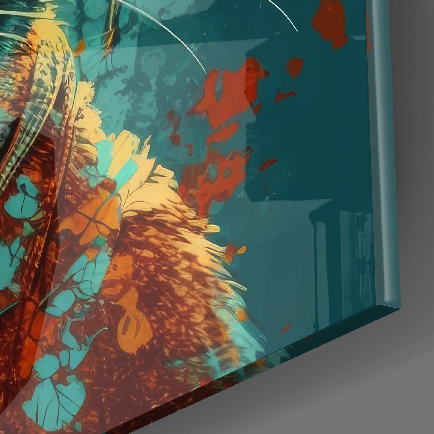 Teal Backdrop Cat in Glasses Glass Wall Art