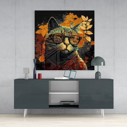 Black Backdrop Cat in Glasses Glass Wall Art